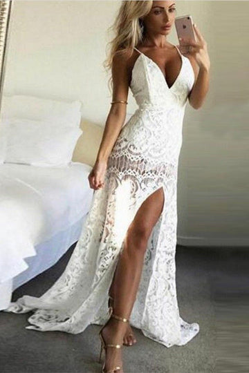 UNIQUE SPAGHETTI STRAPS APPLIQUES SLEEVELESS V-NECK FRONT SLIPT PROM DRESS HZ1023